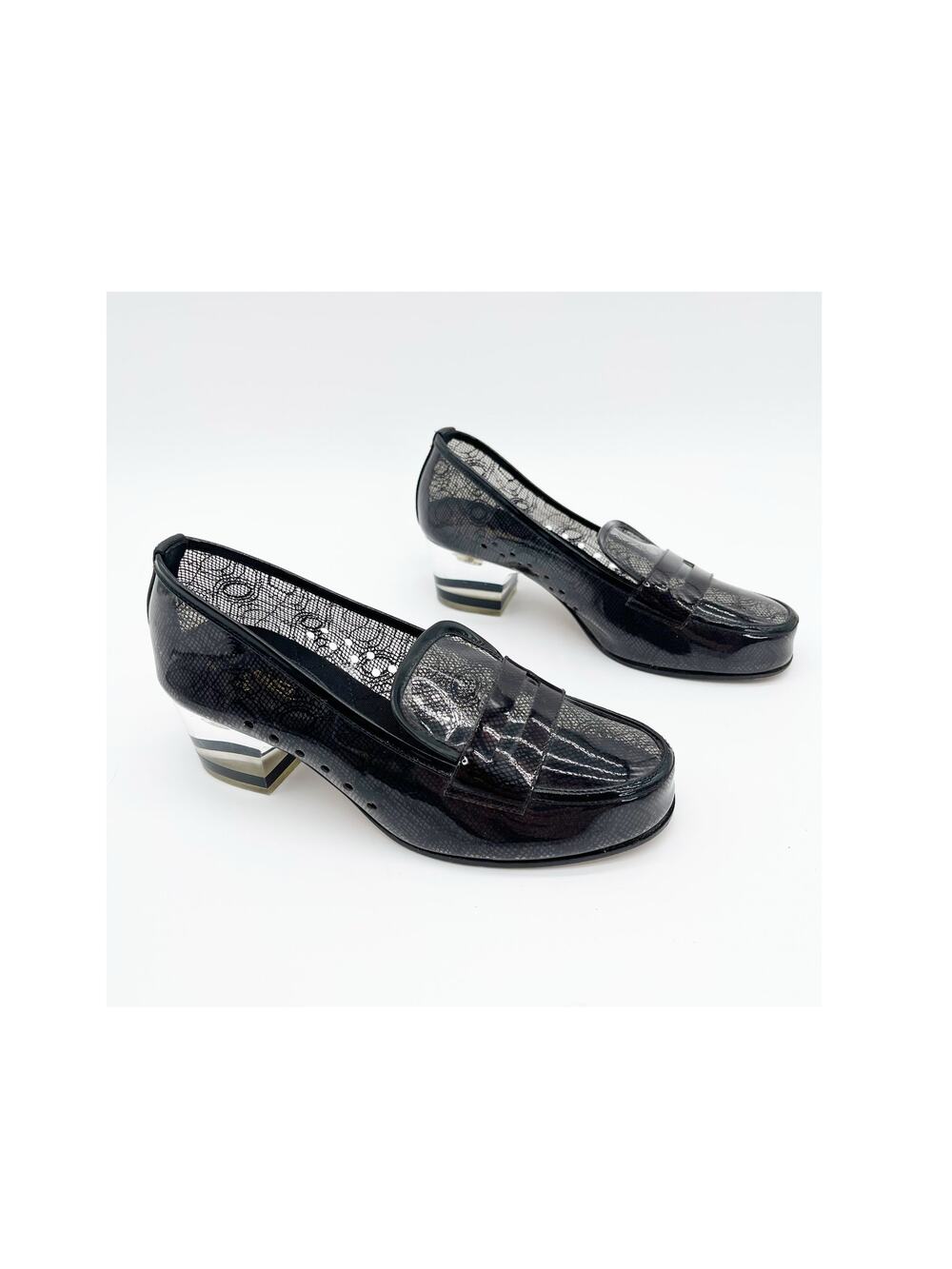 Chanel Black PVC Lace Print Transparent Sheer Block Heel Loafers Pumps EU 36.5C